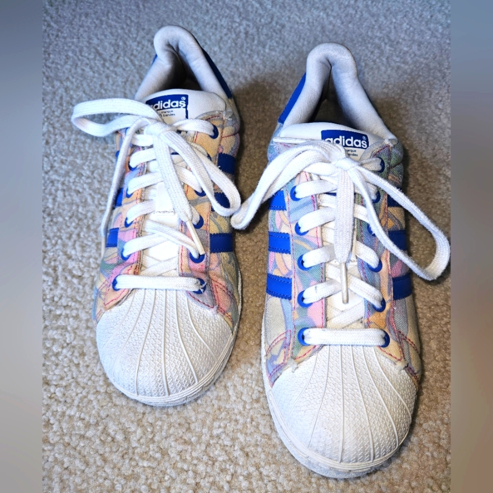 RARE Adidas Superstar Cloth Trainers Floral Sneakers Womens 7 Yellow Blue Pink - Picture 2 of 10
